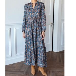 Emerson Fry Frances 3 Tamara Block Print Maxi Dress Blue Floral Size Large New